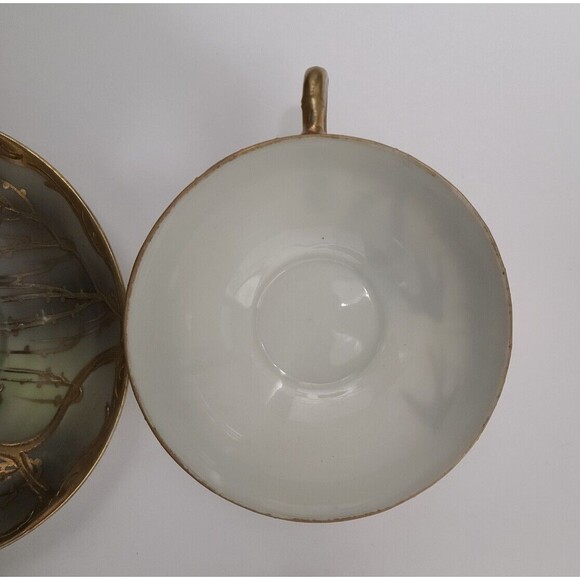 Made in Japan Hand Painted 2 Cups with Saucers Bone China Gold Ivory Grey Birds - Picture 6 of 12